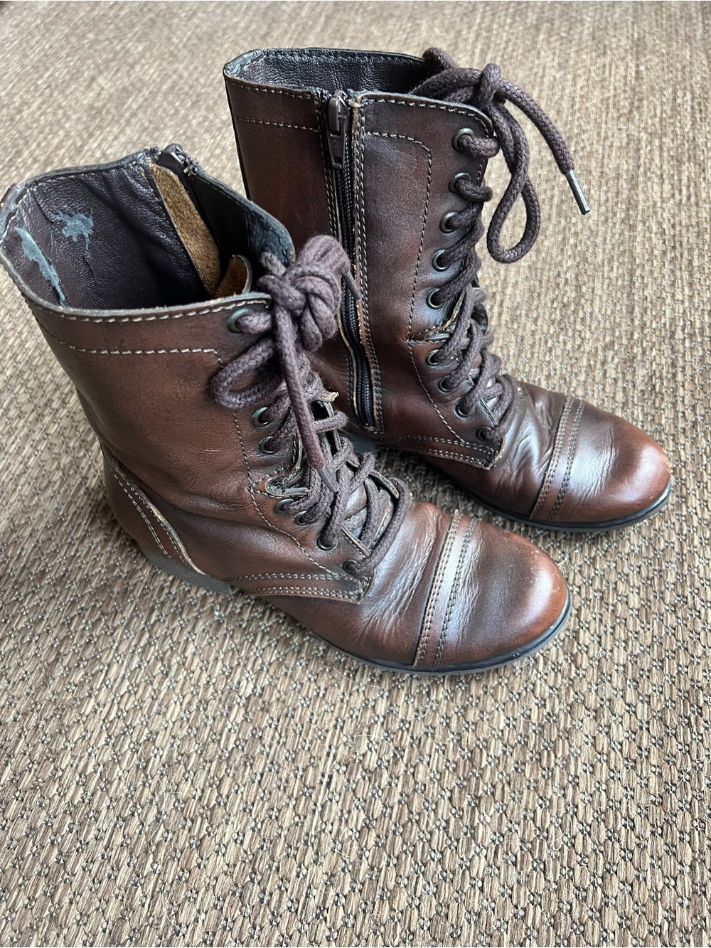 Steve Madden Troopa Brown Leather Combat Boots Women’s 6M Lace Up Side Zip